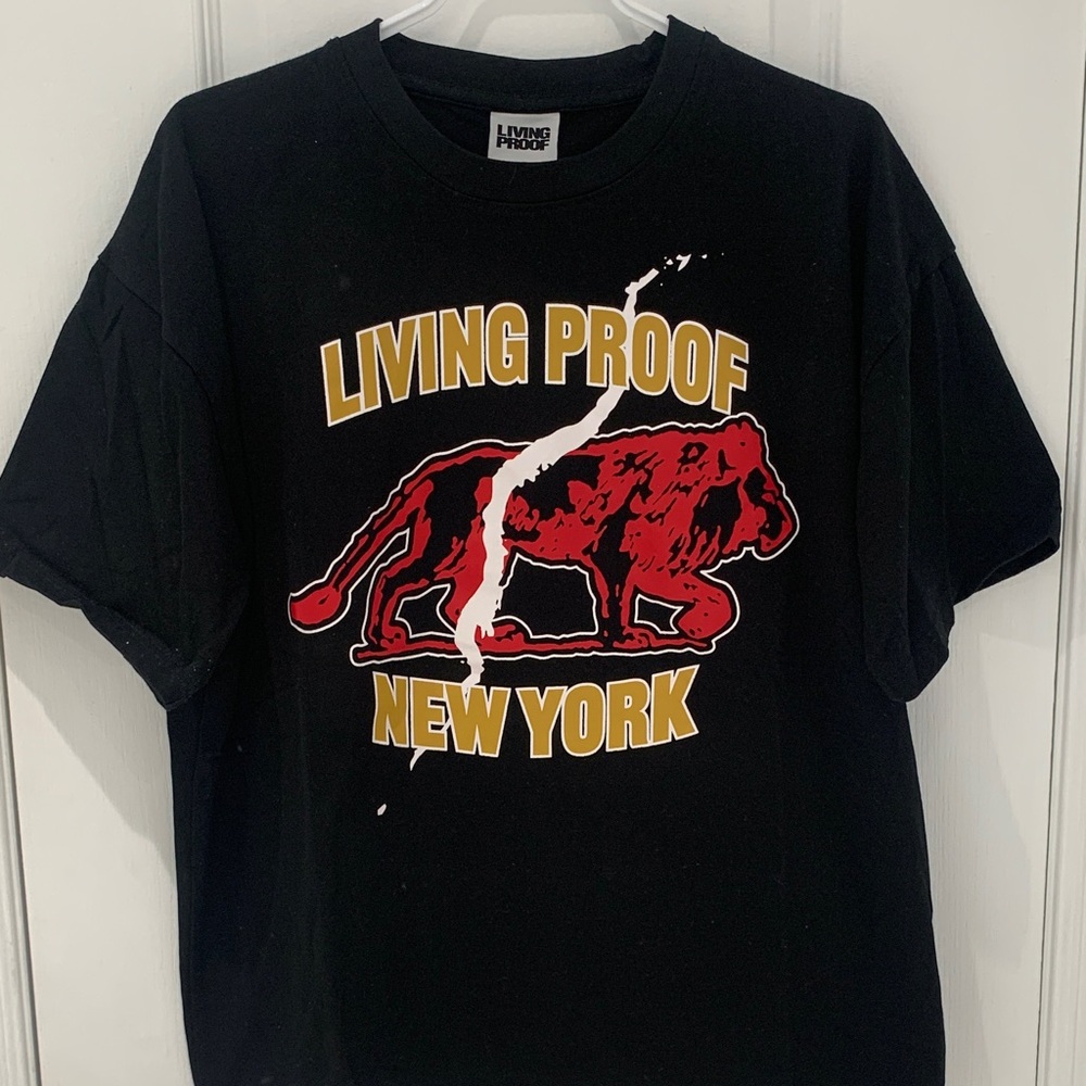 Living Proof Graffiti Black T-Shirt with Red Lion and Yellow Text